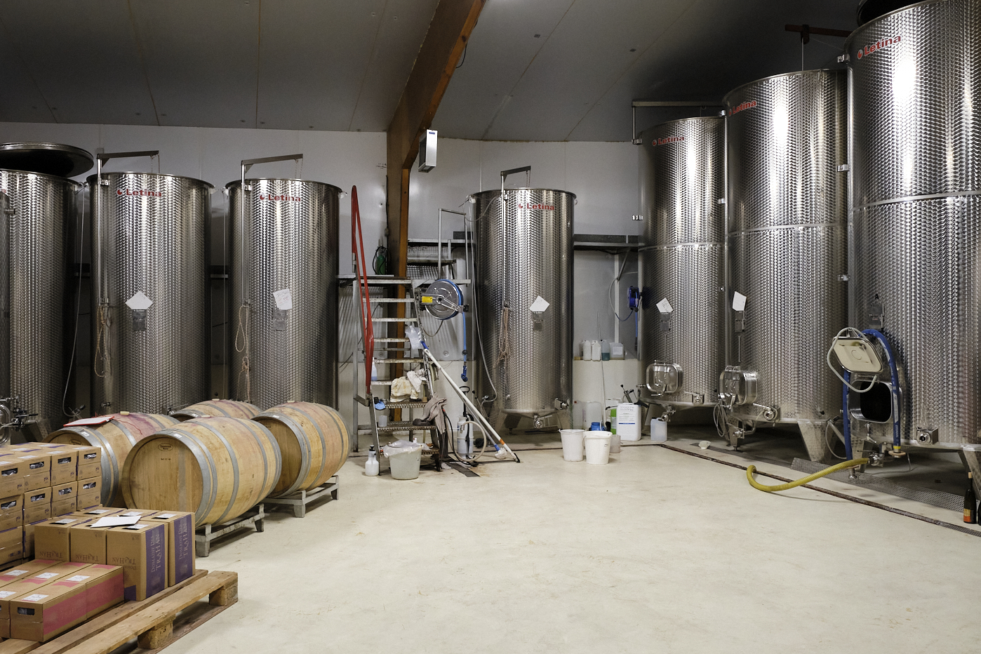 Un chai avec des cuves en inox et des barriques.