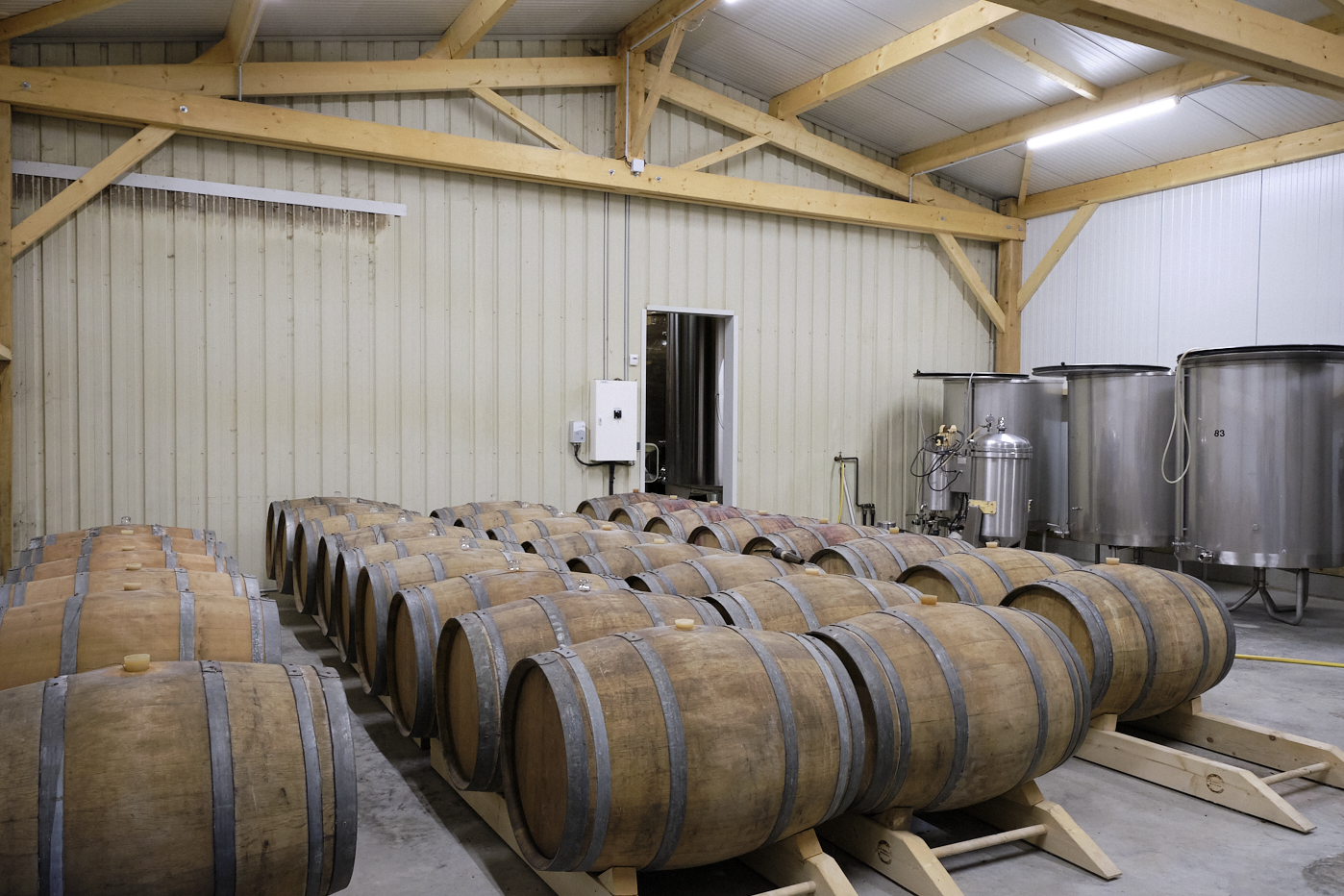 Un chai avec des cuves et des barriques en bois