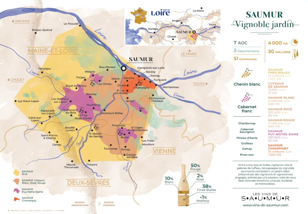 Carte du vignoble de Saumur avec les appellations