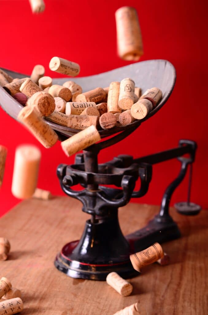 Balance ancienne remplie de bouchons de vin illustrant l’évaluation financière et la valeur d’un domaine viticole.